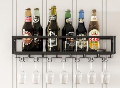 MAIKAILUN Wall Mounted Wine Rack Black with Glass Holder 30in Metal Bottle Holder Hanging Multi-Functional Wine Storage Display Rack for Home Bar Dining Room Kitchen (Black, 1-Tier)