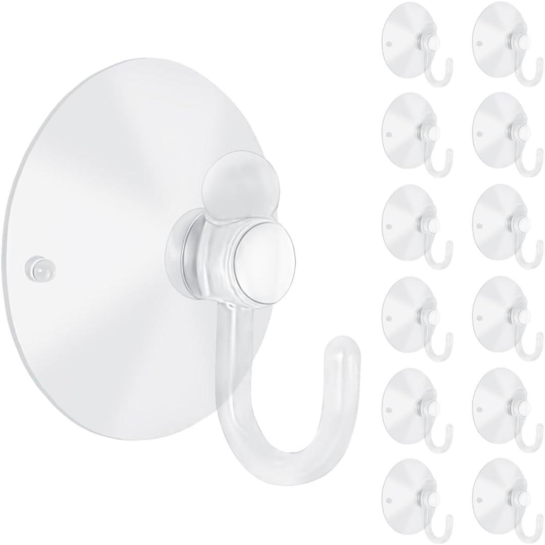 12 Pieces Large Suction Cups with Hooks 2 inch Clear Plastic Sucker Hooks for Glass Window Wall Festivals Parties Theme Carnival Decoration Door Bathroom Kitchen