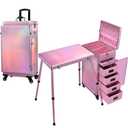 Joligrace Rolling Manicure Table 5 Drawers Foldable Nail Desk Cosmetology Case on Wheels Makeup Case with Brush Pouch for Technician Workstation Mobile Makeup Artist Trolley, Shiny Pink