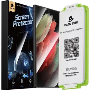 MAGIC JOHN 2 Pack for Samsung Galaxy S21 Ultra Screen Protector [Ceramic Film Material Not Glass] 6.8 inch,[100% Fingerprint ID Compatible] Easy Installation Tray, Shock-Resistant, 3D Curved, Bubble