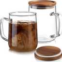 CMLKLZD Glass Coffee Mugs, 14 oz Glass Coffee Cups with Acacia Wood Lids, Clear Borosilicate Glass Mugs with Handles for Cappuccino, Tea, Latte, Hot/Cold Beverages, Wine, Americano, Set of 2