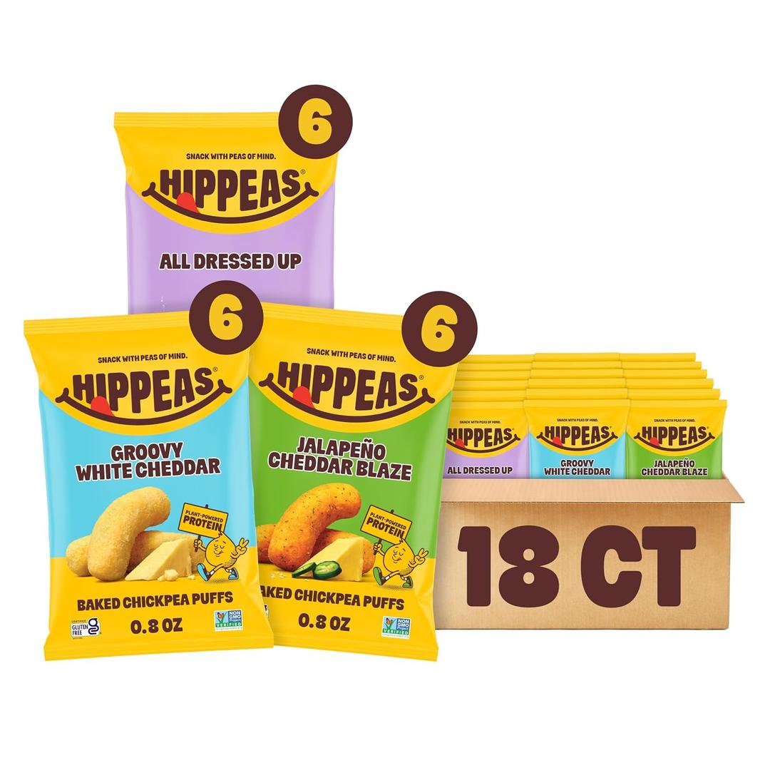 Hippeas Chickpea Puffs, Variety Pack: Vegan White Cheddar, Nacho Vibes, Barbecue, Sriracha, 0.8 Ounce (Pack of 18), 3g Protein, 2g Fiber, Vegan, Gluten-Free, Crunchy, Plant Protein Snacks (EXP 11/18/26)