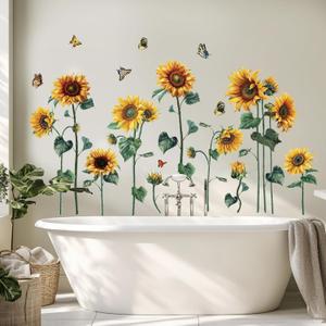 Watercolor Sunflower Wall Sticker Peel and Stick Flower Butterfly Wall Decal Vintage Floral Plant Wall Art Mural Green Leaf Wall Stickers for Living Room Bedroom Decor (Yellow)