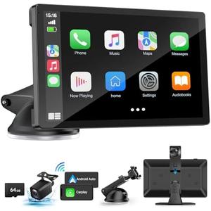 Wireless Carplay Screen for Car with 4K Dash Cam, 9" Portable Carplay & Android Auto, Component Subwoofer, Touchscreen with 1080p Backup Camera, GPS Navigation/Voice Control/BT/Mirror Link/FM