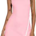 Fisoew Women's Workout Tennis Dress with Built-in Bra & Shorts Pockets Sleeveless Crewneck Golf Athletic Mini Dresses (Medium, Pink)