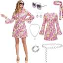 70s Disco Outfits Dress,7 PCS 70s Hippie Costume for Women Necklace Earrings Glasses Bracelet and Waist Chain (Pink, XX-Large)