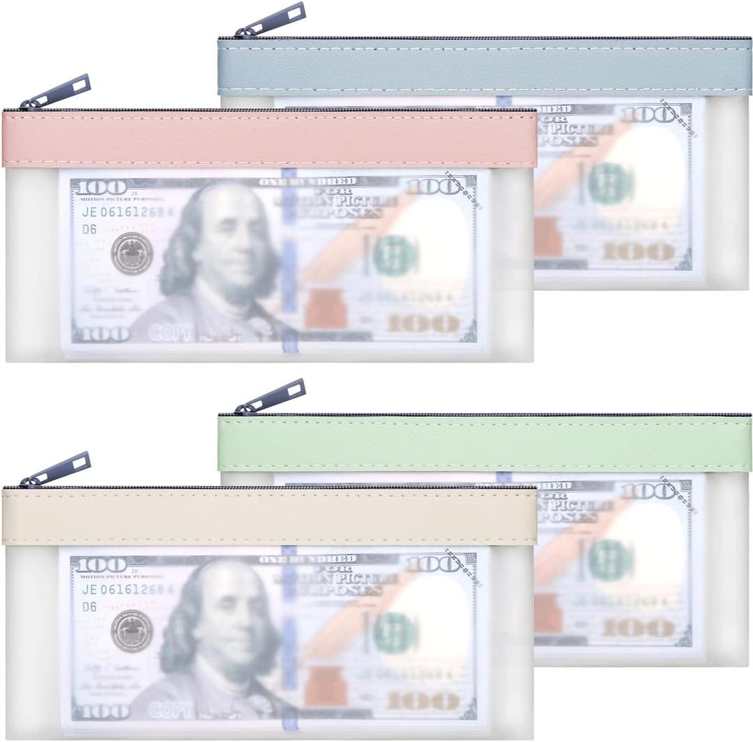 4-Piece Multi-Purpose Money Bag with Zipper - Money Envelopes for Cash,Money Pouch 7.6 X 3.7 Inch, Bank Deposit Bags for Cash Coin, Invoice, Makeup, Bills, Receipts, Tool Storage (green, pink, blue, white)