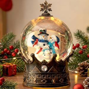Christmas Snow Globe Lantern Water Glittering Snowman Family Crown with Music, USB Lined/Battery Operated Lighted Lantern for Christmas Festival Decoration Gifts