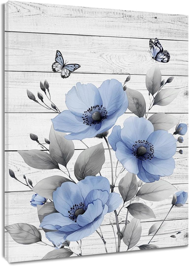 HVEST Rustic Blue Floral Wall Art for Bathroom, Blue and Gray Flower Butterfly on Rustic Wood Canvas Wall Art Country Wildflower pictures for Living Room Bedroom Wall Decor,16L X 12W inches