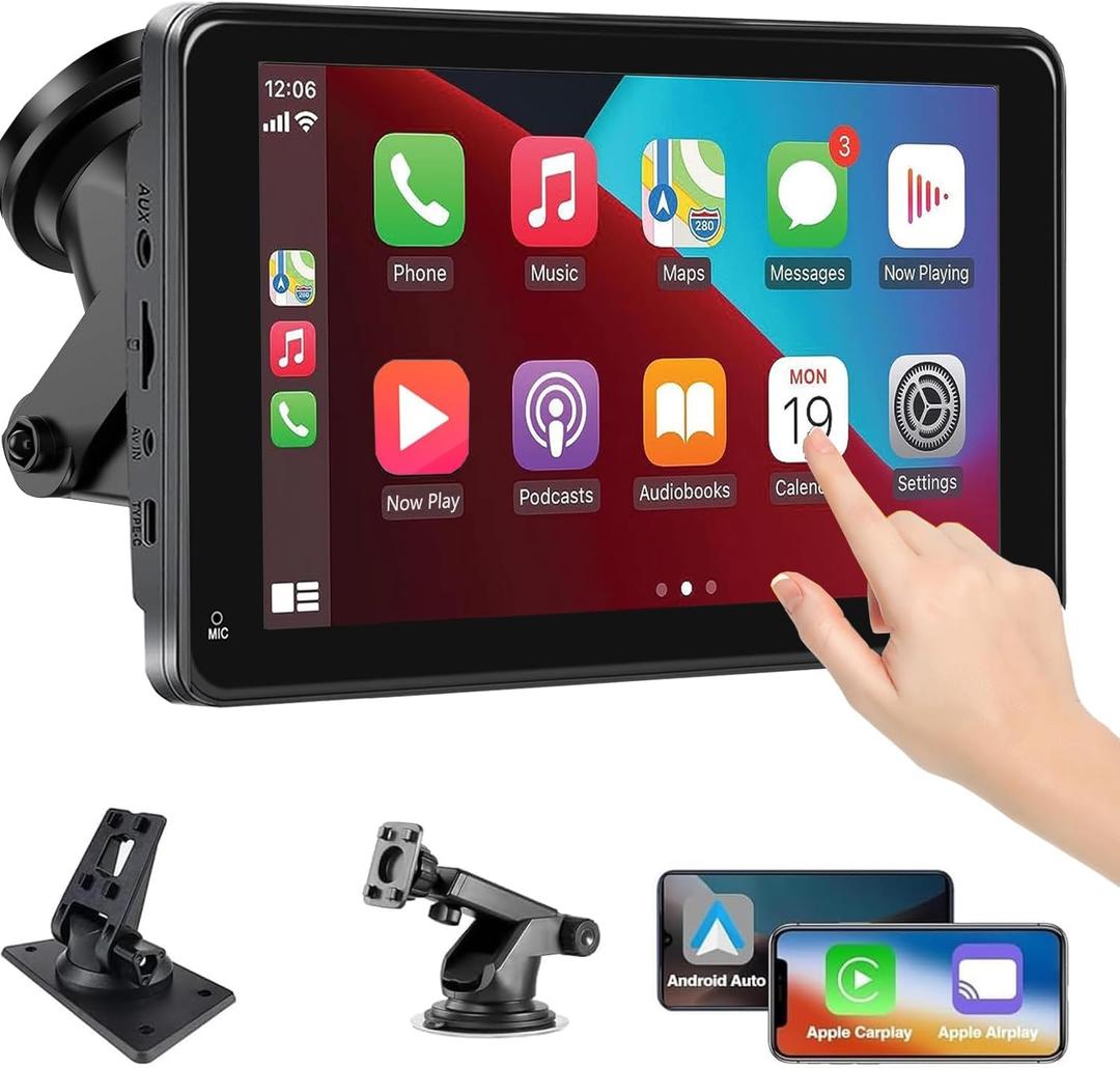 2025 Portable Wireless Carplay/Android Auto Screen for Car,7 Inch HD Touch Screen Car Play with Bluetooth,FM,Mirror Link for All Cars