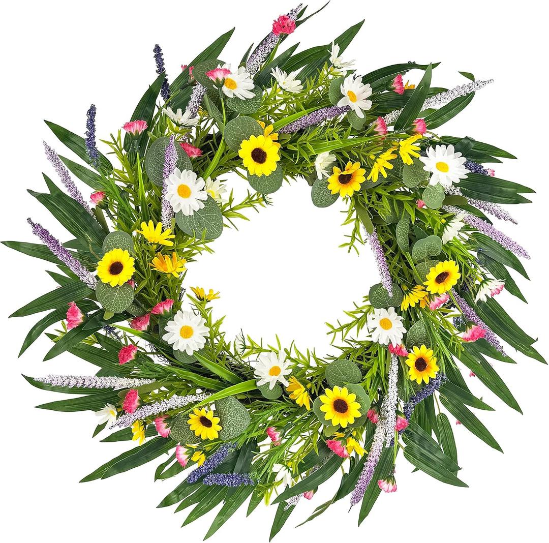 2 x 20" Artificial Summer Wreath for Front Door - Sunflower Daisy Yellow Wildflowers Wreath with Green Eucalyptus - Farmhouse Floral for Wall Window Porch Home Decor (Yellow Daisy)