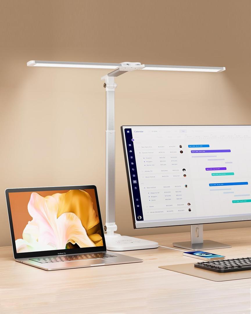 LED Desk Lamp for Office Home, Height Adjustable Architect Desk Light with USB Adapter, Stepless Dimming 50 Lighting Modes, Eye Caring Double Head Computer Desk Lamp for Reading, Study, Workbench (Standard, White)