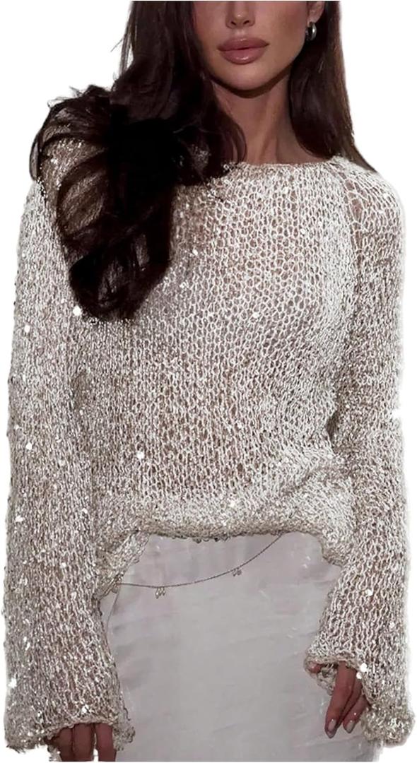 SOLY HUX Women's Hollow Out Sequin Sparkly Sweater Sheer Long Sleeve Shiny Pullover Coverup Tops Party Outfits (Medium, Plain White)