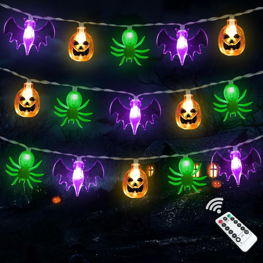 Halloween Lights, 16 FT 30 LED Waterproof 3D Pumpkin Bat Spider Battery Operated String Lights with Timer, 8 Lighting Modes Fairy Lights for Window Indoor Outdoor Decor Halloween Party Decorations
