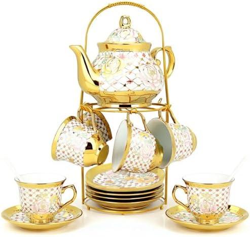 European Ceramic Tea Set for 6 People,20Pcs Porcelain Tea Set with Metal Stand,Vintage Floral Tea Cup and Saucer,Complete Gift Set with Teapot,Spoons for Wedding,Bridal Shower,Afternoon Tea (Gold)