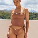 seamoly Womens Cute Tankini Set Gingham Two Piece Swimsuits with Bow Back Tie Side Bottom (Brown, XL)