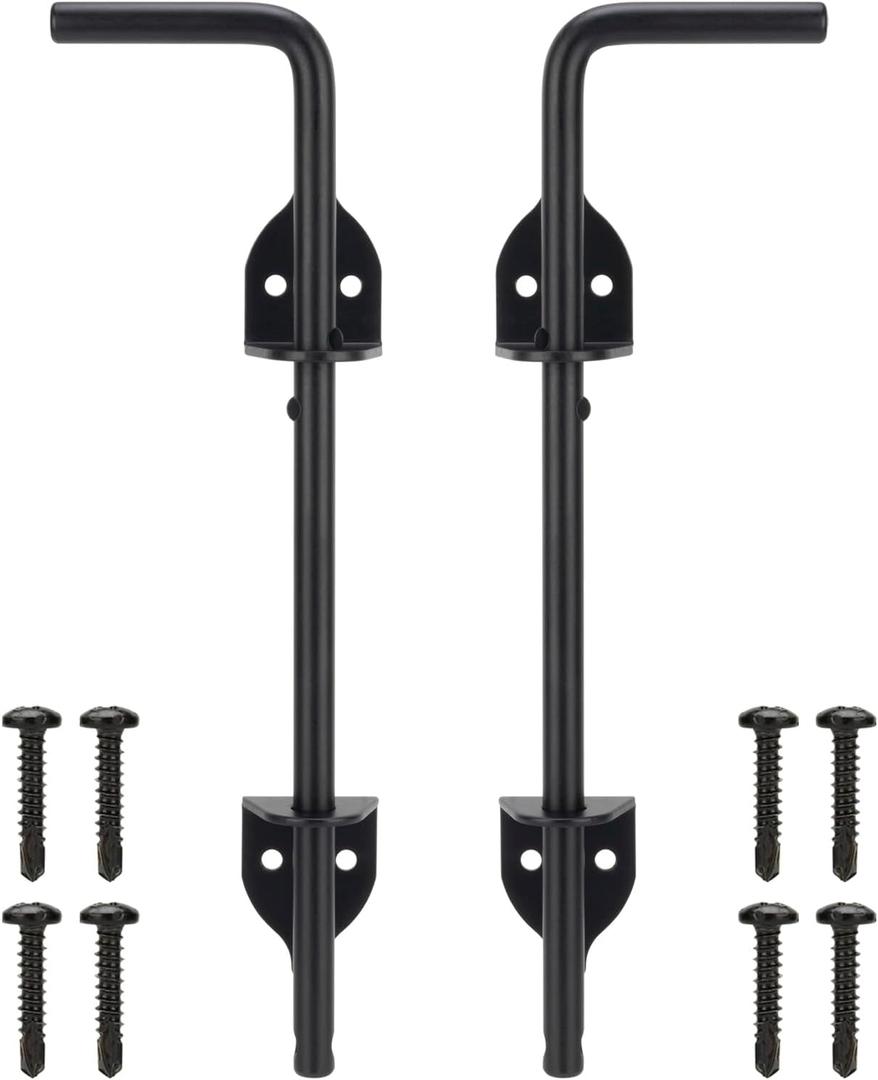 12" Cane Bolt Heavy-Duty Drop Rod for Gate, Gate Ground Latch for Wooden Fences Metal Gates Doors, Metal Gates Doors Stopper for Gate Ground, Wrought Iron Gate Latches, Black Finish(2 Pack)