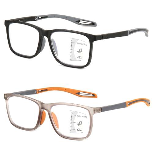 Missfive 2 Pack Upgraded Bend-Proof Multifocus Progressive Reading Glasses Men, TR90 Sporty Frame & Metal Spring Hinge, No-Line Multifocal Anti Blue/UV Near-Mid Range Readers, 1.75