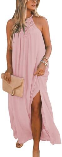 FARORO Sleeveless Long Dress for Women Boho Halter Maxi Sundress Casual Loose Dresses Split Cover Up Gown with Pockets Size XXL