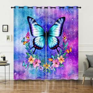 AILONEN Girls Butterfly Window Curtain, Bohemian Dreamcatcher Window Treatments Drapes for Livingoom Decor,Watercolor Purple Starry Night Curtain Tiers, 42" W x 63" H 2 Panels (Rose146)