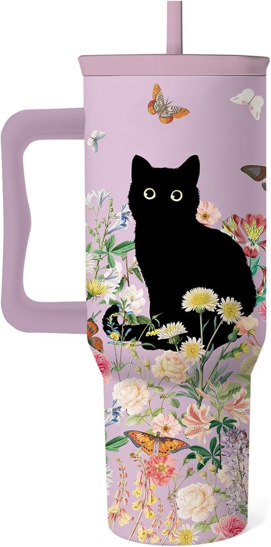 Cat Lover Gifts For Women, Stainless Steel Tumbler With Handle 40 Oz, Best Gifts For Cat Lovers, Birthday Christmas Valentine Anniversary Floral Gift For Women, Floral Tumbler Mug Cup