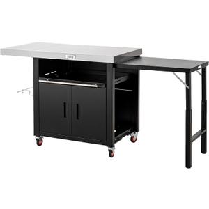 Grill Table,Outdoor Kitchen with Cabinet Outdoor Grill Table with 2 Foldable Side Tables Stainless Steel Top for Outdoor Kitchen Cabinets, Bar Cart, Movable Grill Cart with Pull-Out Plate, L74x W24