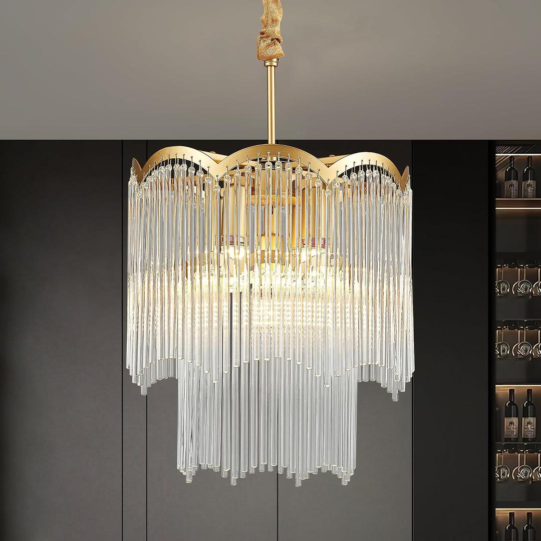 12.52" Gold Clear Glass Crystal Pendant Light 5-Light Modern Crystal Pendant Ceiling Light Fixture 2-Tier Luxury Glass Chandeliers,for Dining Room Kitchen Island Living Room Bedroom