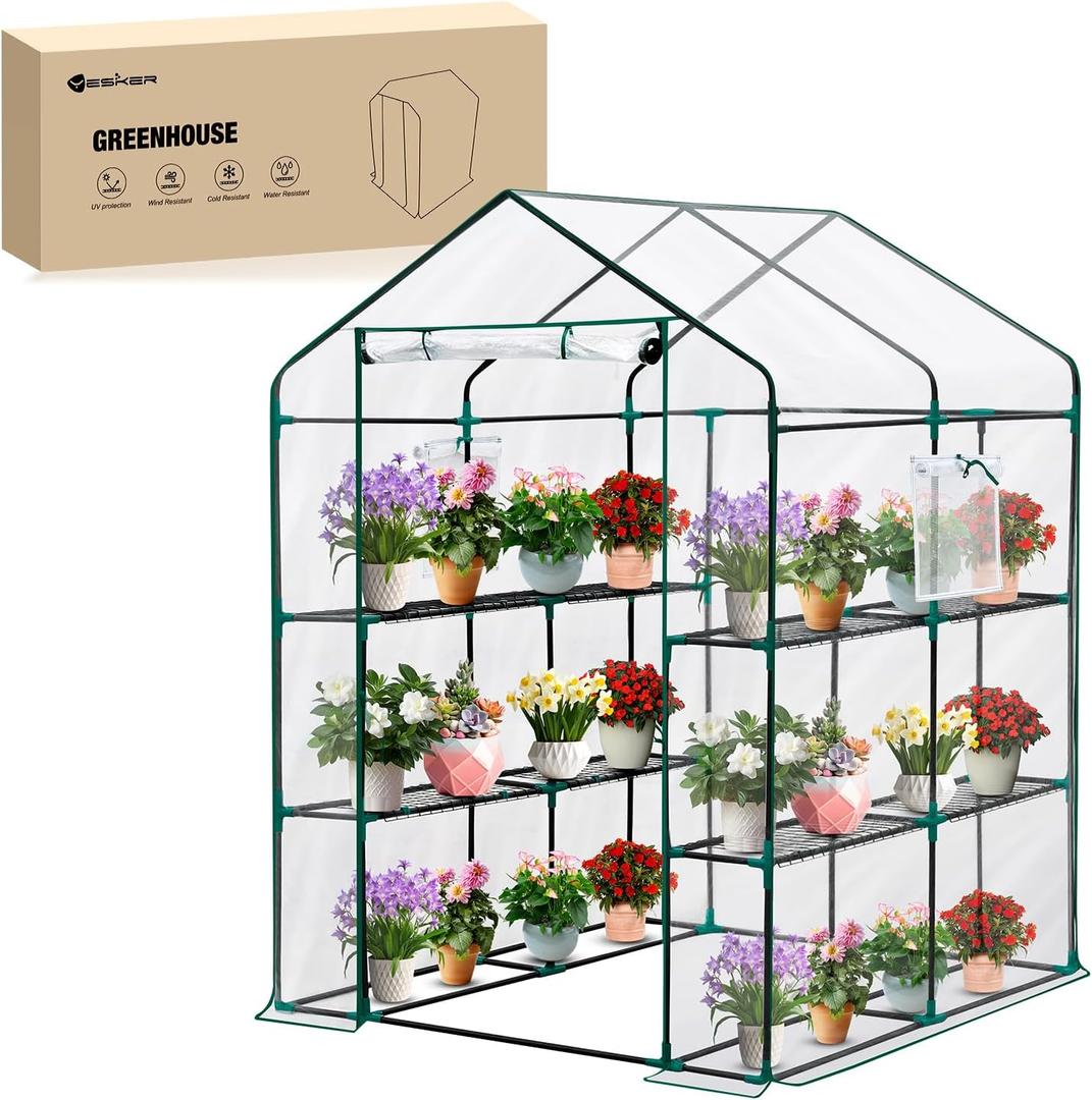Yesker Greenhouse 57.5"x57"x77" Walk In Green House - Large Outdoor/Indoor Greenhouses with 8 Shelves Waterproof PVC Cover & Windows, Portable Greenhouse Kit for Winter Backyard Gardening Patio, Clear