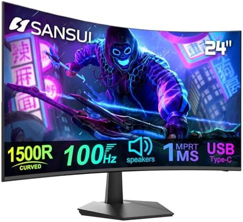SANSUI Curved Monitor 24 inch 100Hz USB Type-C Computer Monitor with Built-in Speakers- MPRT 1ms,Adaptive Sync,HDR,1500R,VESA 75x75mm Compatible, for Home and Office(HDMI Cable Include ES-24C1)