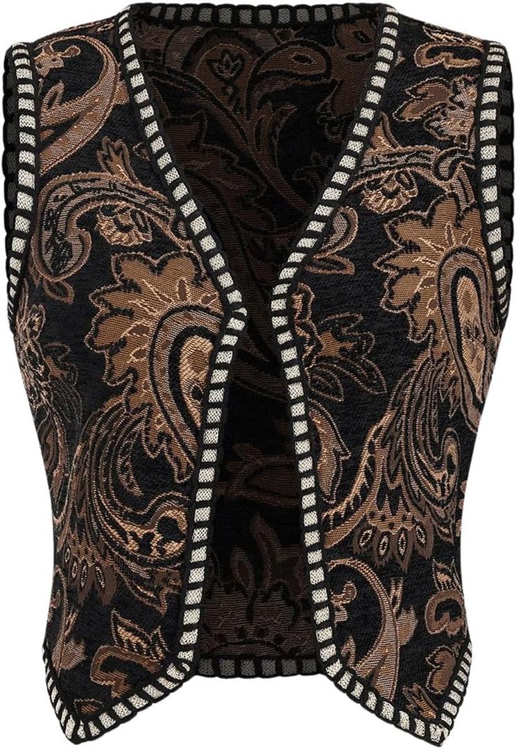 Verdusa Women's Western Boho Open Front V Neck Sleeveless Jacquard Tops Cow Girl Boho Vest Jacket (Medium, Black)