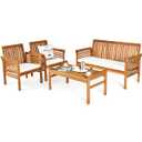 Tangkula 4-Piece Patio Acacia Wood Sofa Set Conversation Table Chairs with Beige Cushions