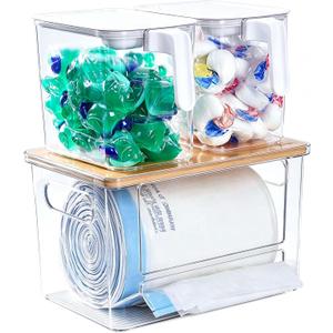 iCASA Trash Bag Dispenser and Dishwasher Pod Organizer, 3 in 1 Dish Pod and Trash Bag Holder Large Garbage Bag Dispenser, Laundry Detergent Pods & Tabs Container Kitchen Under Sink Organizer