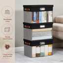 Fabric Clear Window Storage Bins with Lid, Closet Storage Box Linen Closet Baskets with 3 Handles for Organizing Clothing, Jeans, Shelves 15''- 3 Pack (Gray and Black)