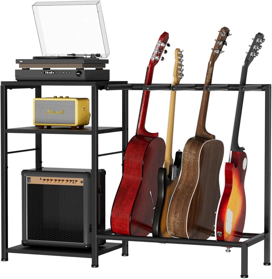Guitar Stand for 4 Guitars, Adjustable Multiple Guitars Rack with Soft-Padded Protector for Acoustic, Electric, Bass & Ukulele, Guitar Display Stand with 3-tier Shelves for Amp & Vinyl Records, Black