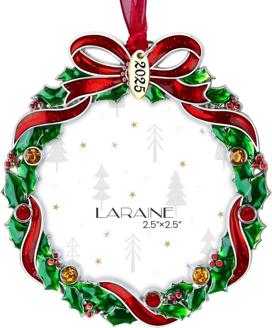 Laraine Christmas Tree Ornaments  Decorative Hanging 2025 Holiday Keepsake Gift Pendant with 2.5" Photo Frame Insert for Picture of Pet (Wreath (2025))