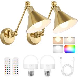 TRLIFE Rechargeable Battery Operated Wall Sconces, Dimmable and Adjustable Color Temperature Wireless Wall Sconces Set of 2 with Remote Control, Gold Swing Arm Wall Light for Bedroom Bedside Hallway