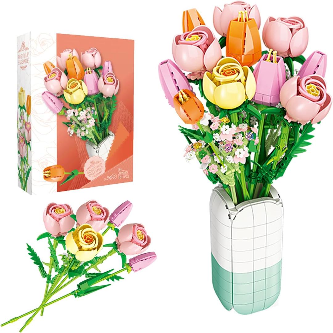 Flower Bouquet Building Set Tulips Rose with Vase for Adults -1011pcs