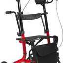 Upright Walker for Seniors & Adults with Seat 450 lb Capacity, Stand Up Walkers Foldable, 19.8 lbs Lightweight, Adjustable Arms, 10-Inch Big Wheels for All Terrain Rollator Walker (Red02)