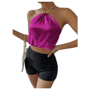 SOLY HUX Women's Crop Halter Tops Sleeveless Backless Going Out Satin Crop Tops Plain HotPink Medium (Purple, M)