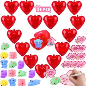 Amy&Benton 28 Packs Valentines Day Squishy Toys Filled Hearts and Gift Cards for Kids Valentine Classroom Exchange Gifts, Valentine Party Favors, Stress Relief Fidget Toys, School Prizes