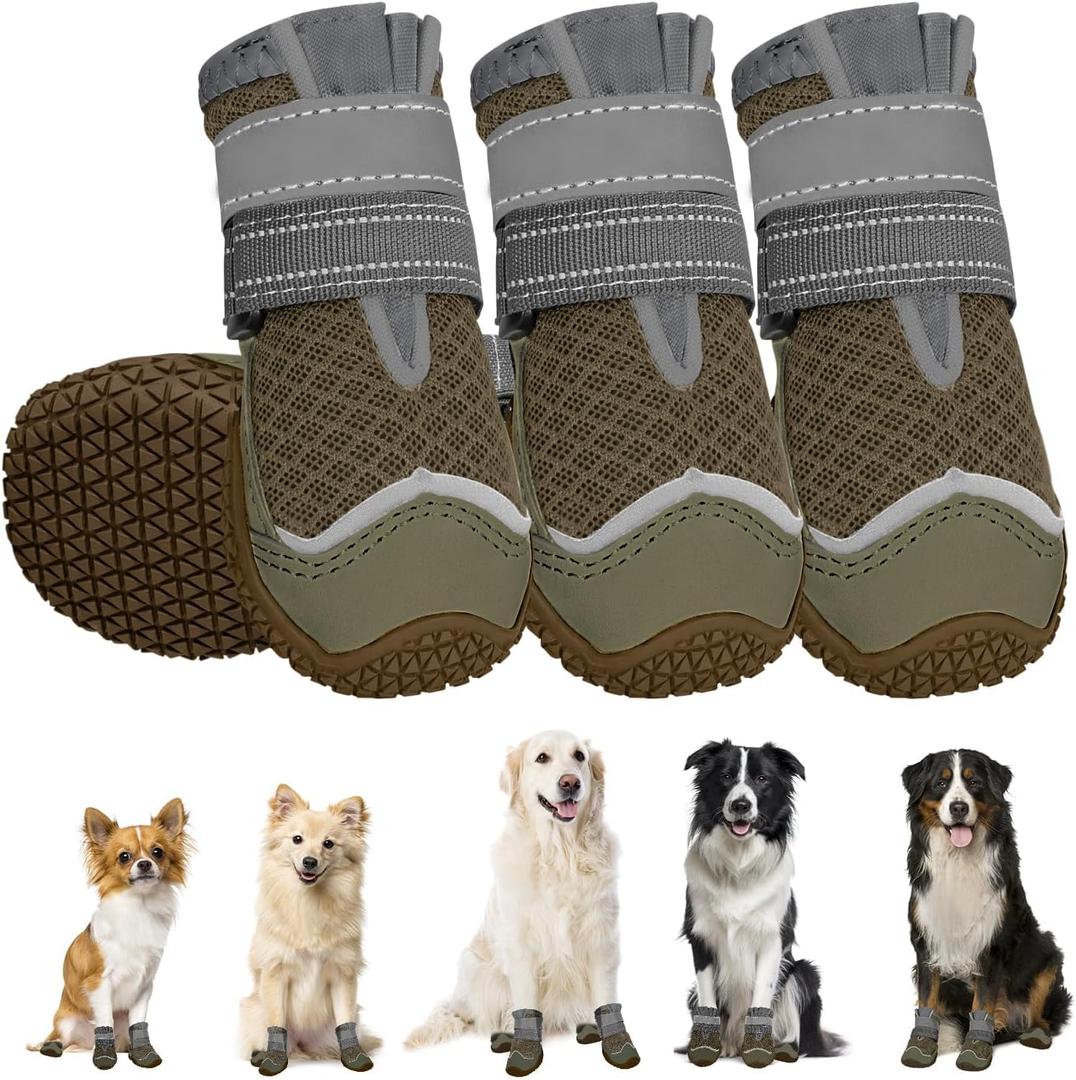 SlowTon Dog Shoes for Dogs - Breathable Dog Boots for Summer Hot Pavement, Paw Protector for Outdoor Walking Winter Snow, Anti-Slip Rubber Dog Booties for HardFloor (Brown Gray, 2)