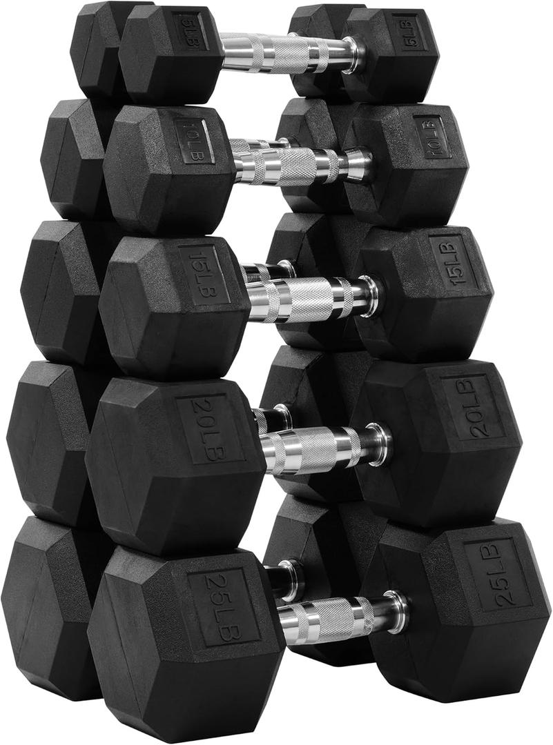 Fitvids 150LB Rubber Encased Hex Dumbbell Weight Set Contoured Handle for Muscle Toning, Strength Building & Full Body Workout