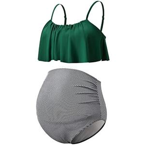 DEBELLY Maternity Bikini Set Two Piece Swimsuit Ruffle Women Bathing Suits High Waist Vintage Pregnancy Swimwear, M