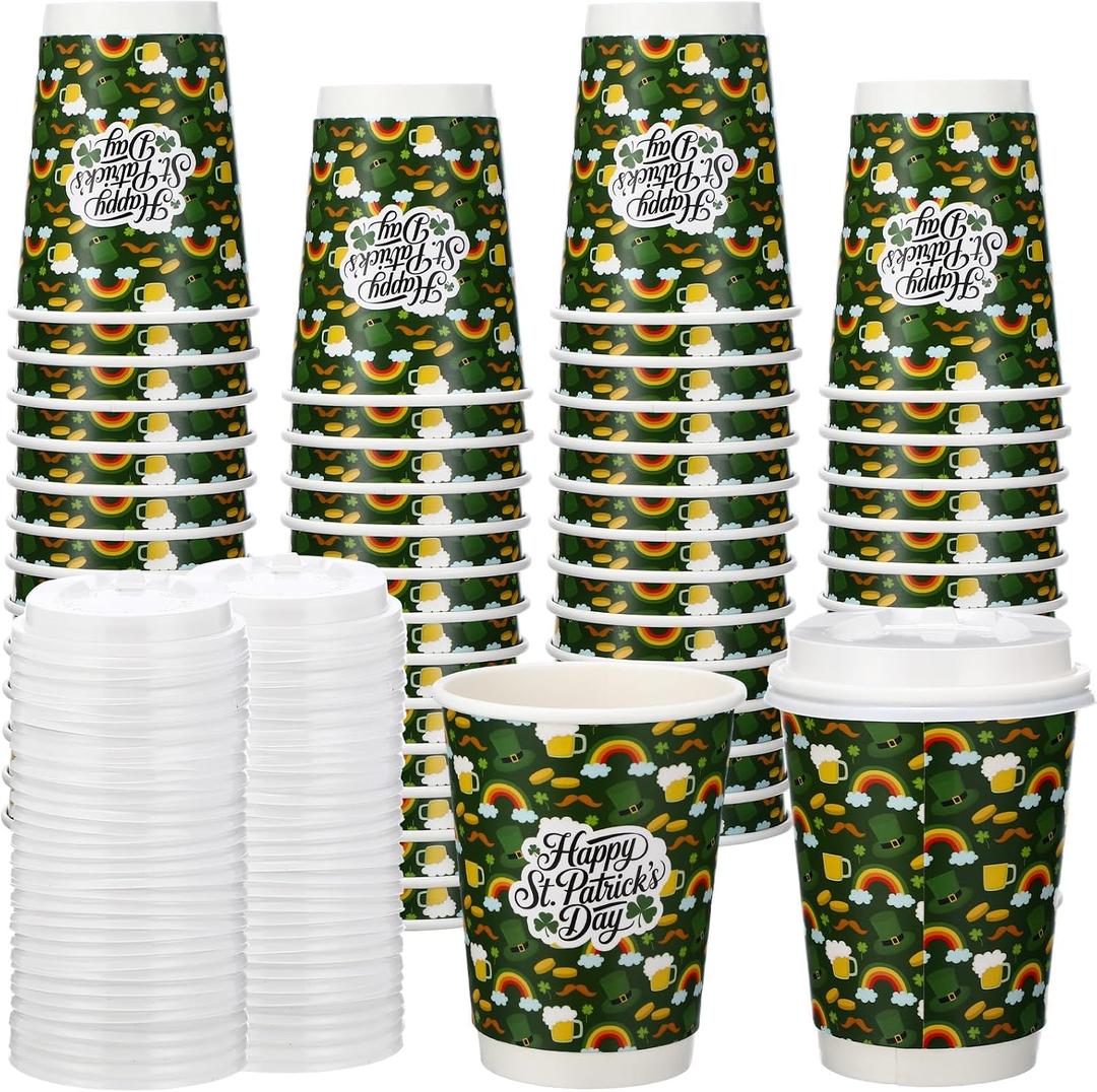 80 Pack St. Patrick's Day Disposable Coffee Cups with Lids 12oz Hot Cold Green Shamrock Paper Drinking Cups for Irish Holiday Spring Party Supplies