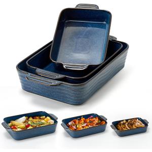 Kiln-Transformed Blue Ceramic Baking Dish Set of 3, Casserole Dishes for Oven, Square Porcelain Bakeware Set with Handles, Lasagna Baking Pan for Cooking, Perfect for Baking and Serving, Housewarming, Halloween, Thanksgiving, Christmas, New Year