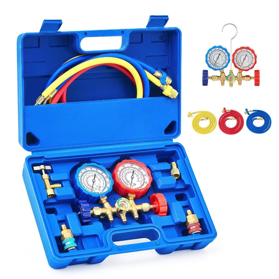 Orion Motor Tech 3 Way AC Diagnostic Manifold Gauge Set for Freon Charging, Fits R134A R12 R22 and R502 Refrigerants, with 3FT Hose, Tank Adapters, Quick Couplers and Can Tap
