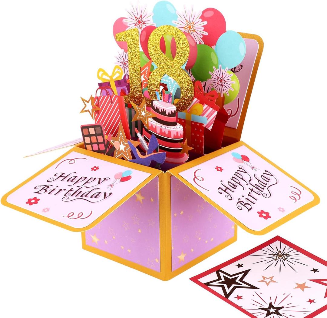 5 x Happy Birthday Pop Up Card, Creative 3D Birthday Card with Classic Envelope & Writing Note Happy Birthday Pop Up Box for Women Men(18th Birthday Card)
