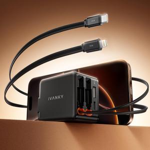 iVANKY Smallest 4-in-1 Retractable Wall Charger with Dual Cables (USB C+Lighting), 45W Fast Charging Block for iPhone 17/16/15/14/13/12 Pro Max Air, Samsung, 4-Port Adapter for Home Office Travel (Type-C & Lightning)