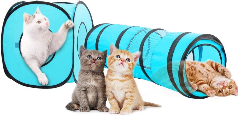 PAWISE Collapsible Cat Tunnel, Interactive 2 Way Pet Play Tunnels for Cats, Small Pets, Foldable Cat Tube with Peek Hole & Crinkle Sound for Fun Indoor Exercise & Hiding(Tunnel Cube)