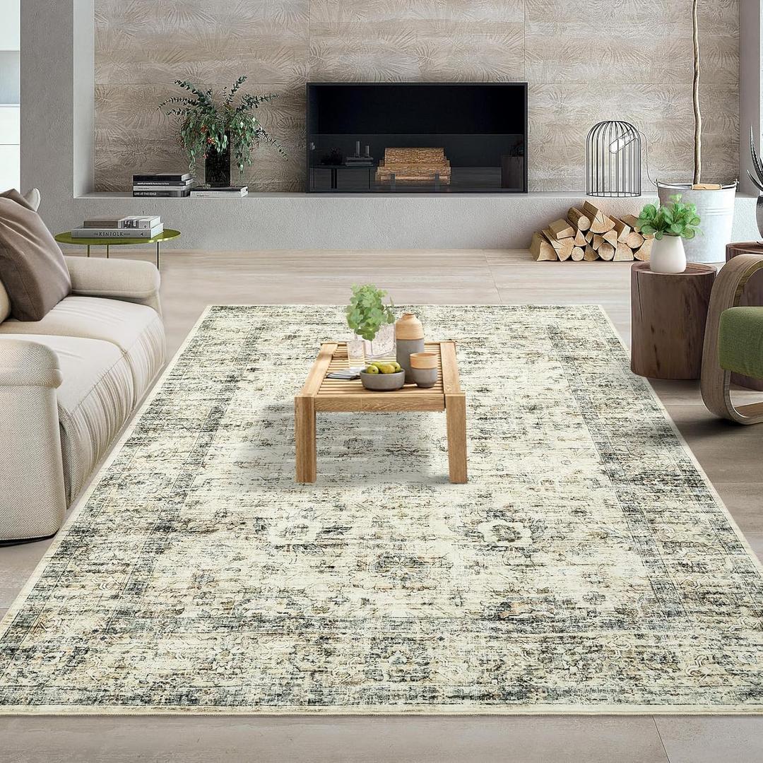 Washable Rug 8x10 Large Living Room Rug Vintage Distressed Bedroom Indoor Non-Slip Stain Resistant Throw Floor Cover Carpet Traditional Accent Carpet for Home Office Dining Room, Beige